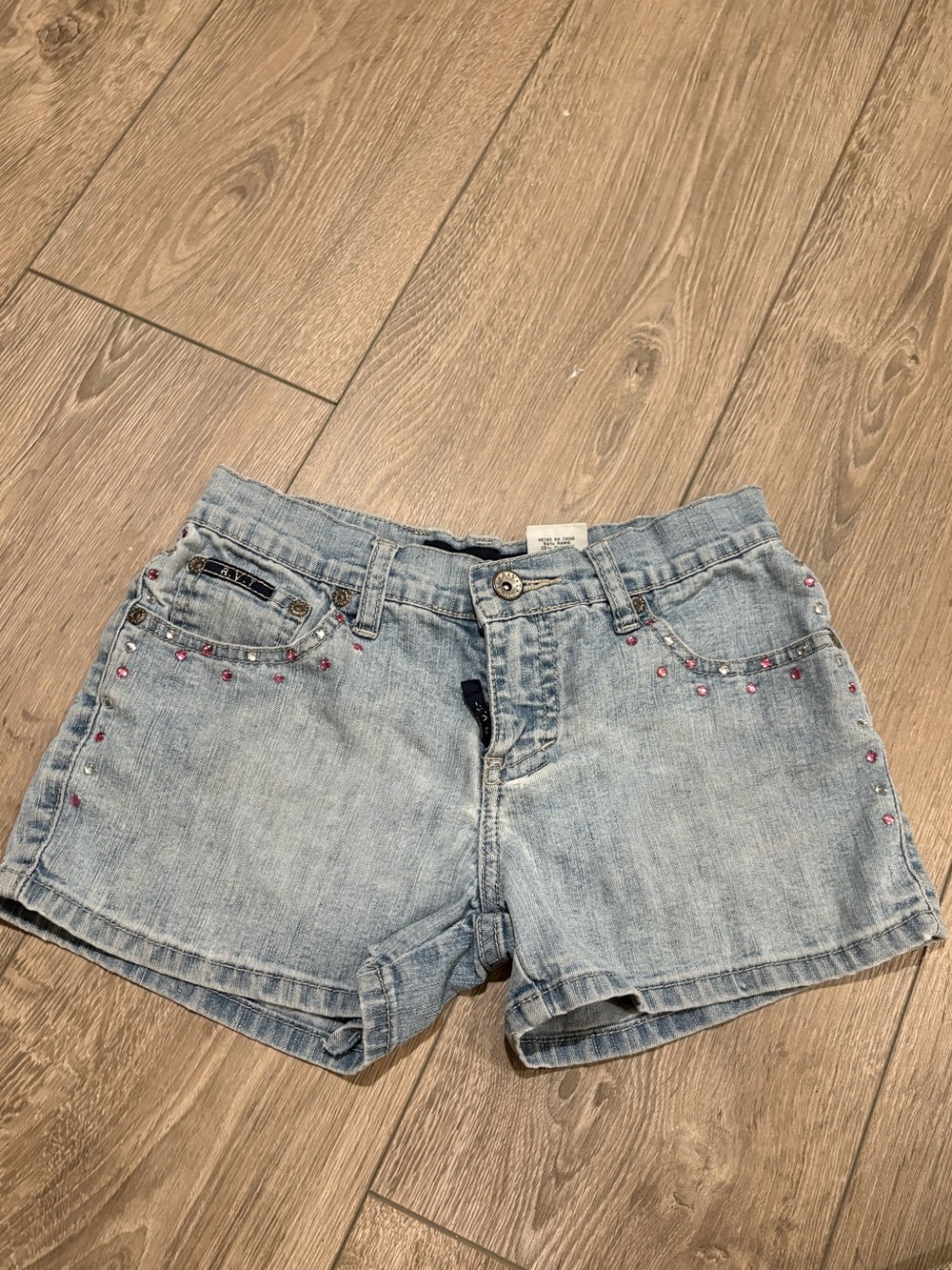 Light Blue Denim Women's Shorts with Pink Stud Details